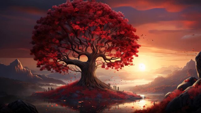 Pink tree with leaves in the shape of love hearts at sunset, romantic view for valentine's day