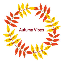Fototapeta premium Autumn leaves arranged in a circular pattern with the text Autumn Vibes in a warm