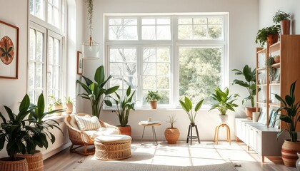 Cozy Living Room with Wicker Furniture and Plants.