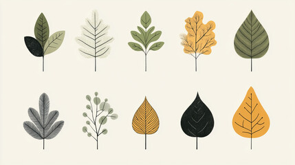 minimalistic illustration of different common leaves of trees and natural motives 