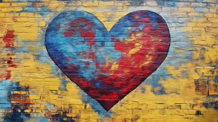 Vibrant graffiti heart painting on yellow brick