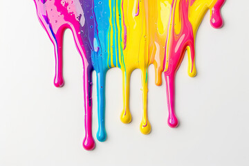 Naklejka premium Vibrant paint drips creating a dynamic and artistic flow of colors on a clean white background, perfect for creative design elements
