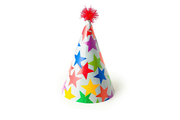 Colorful Party Hat with Star Patterns Isolated on White, Symbolic of Celebration and Fun
