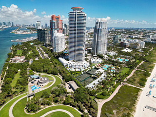Miami beach aerial view. Marina in Miami Beach, Florida USA. Biscayne bay. Downtown Miami Marina...