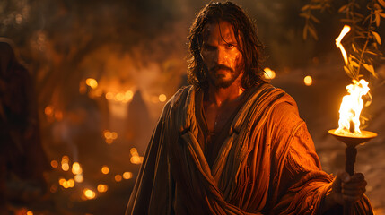 Naklejka premium Jesus Carrying a Torch at Night in the Garden of Gethsemane, Symbolizing Resolve and Sacrifice