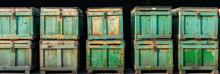 Wooden Equipment Boxes Green Box Pallets in the Open Air Shockproof Wooden Boxes with Metal Handles Green Containers on Metal Street Racks Containers for Transporting Expensive Equipment