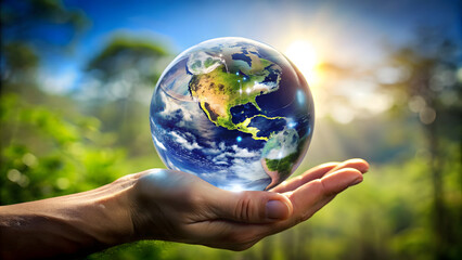 Hands holding earth globe against the background of mountains and blue sky. Ecology concept