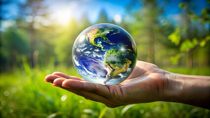 Close up of human hands holding Earth planet. Ecology concept