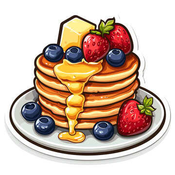 recommend clip art: Pancakes with berries and honey on plate. Vector illustration.