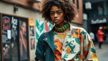 Obraz premium Young Woman with Curly Hair and a Green Necklace Posing in the City.