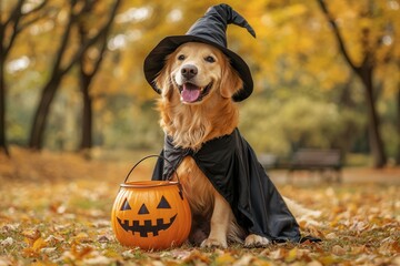 happy golden retriever dog dressed as a wizard