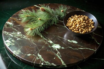 Dark marble table with a polished finish and a few scattered pine nuts, top view