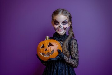 happy girl with vampire face painting dressed up on purple background