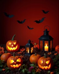 A spooky Halloween scene featuring glowing jack-o'-lanterns, black pumpkins, lanterns, and flying bats, set against a deep red backdrop with autumn foliage.