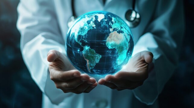 Doctor Holding a Holographic Earth Globe