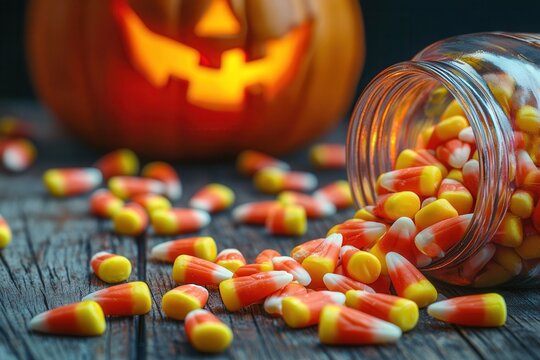 Halloween candy corn spilling out of a glass jar