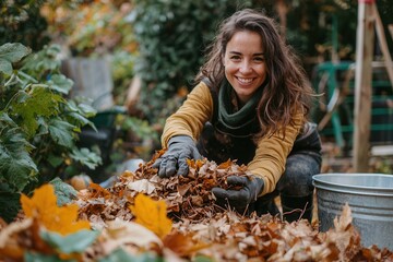 woman raking up autumn leaves in the garden