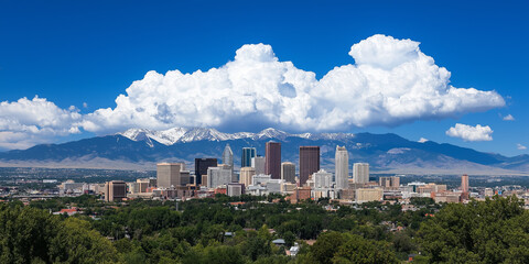 Cityscape with towering skyscrapers and snow-capped mountains.