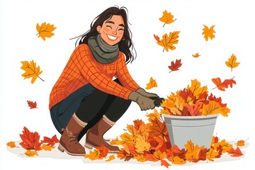 woman raking up autumn leaves in the garden