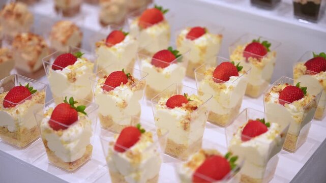 Close up view of Candy bar, Sweets on stands. Delicious desserts at the banquet, sponge cakes, shortbread tarts. move camera footage