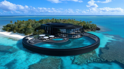 Obraz premium Modern black luxury villa on a private island with infinity pool.