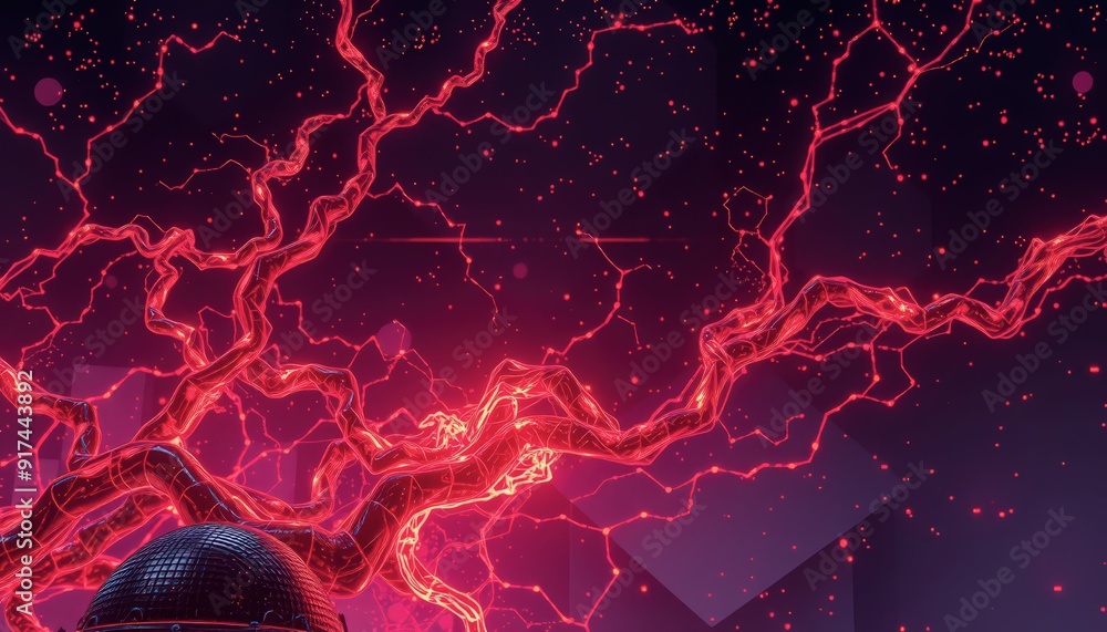 Poster abstract red light lines and glowing particles.