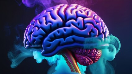 Neon-colored human brain with vibrant smoke on dark background, close-up.