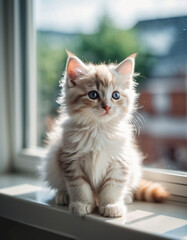 Obraz premium Ginger kitten with white markings and large blue eyes sits on windowsill. Window is out of focus, blurry cityscape in background. Warm inviting atmosphere. Caring for a pet. Cat is sad at home. AI.