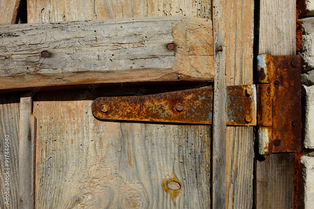 Poster Close-up of a Rustic Wooden Door Corner With a Rusty Hinge and Textured Background Detail