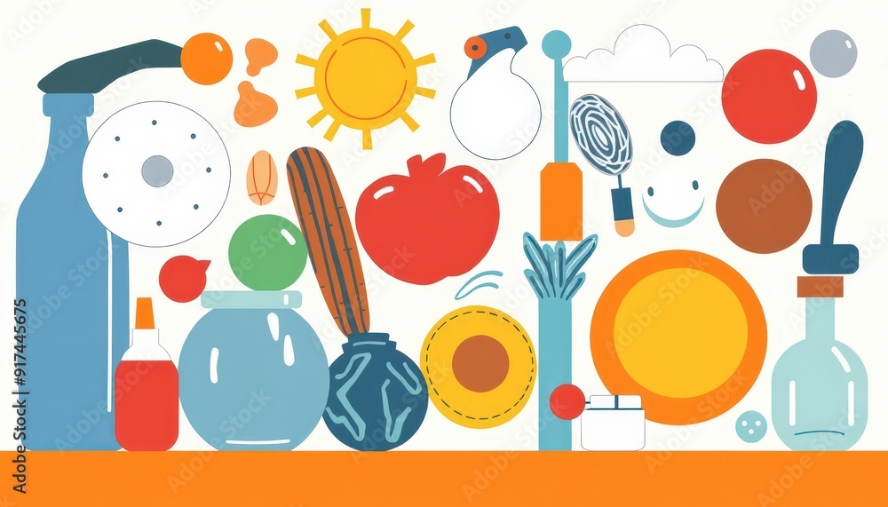 Poster abstract colorful shapes and objects on orange background.