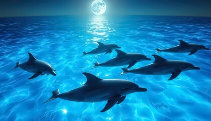 Naklejka premium Dolphins Swimming Under The Moonlight.
