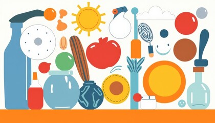 Fototapeta premium Abstract Colorful Shapes and Objects on Orange Background.