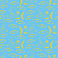 Fairy tale fish and animal seamless pattern. Hand drawn vector yellow elements on the blue background.