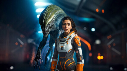 Obraz premium alien monster floats in spaceship, paralyzed young woman in astronaut suit, horror, sci-fi, future, fear of death, space