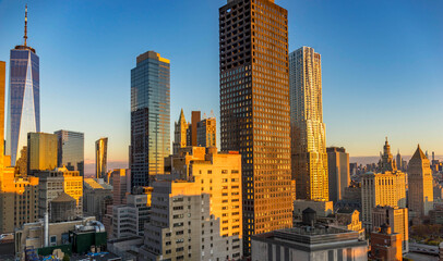 Manhattan downtown skyline skyscrapers at sunny day