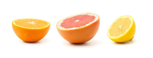 grapefruit orange lemon half cut piece set white background