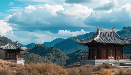 Fototapeta premium Tranquil Temples on a Mountainside.