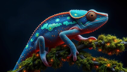 Chameleon with Glowing Eyes on Branch.