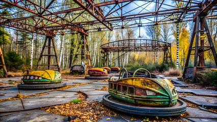 Old carousel in an abandoned amusement park in the autumn forest.