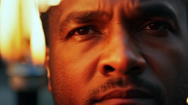 Flames from a raised torch reflect in the eyes of a determined protester their face set in determination and passion.