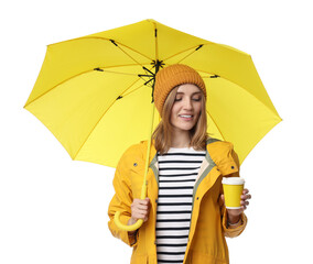 Woman with yellow umbrella and paper cup on white background