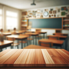 Wooden top with blurred empty classroom background can be used for mocking up or display product to make advertising