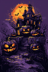 A Halloween themed painting of a house with a large pumpkin on the front porch, generative ai.