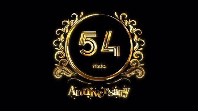 54th Anniversary Celebration. Happy 54 Years Anniversary Animation in Gold Color on the Transparent Background, Alpha Channel. Great for greetings, celebrations, events, and gifts.