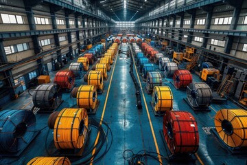 Rows of Wire Spools in a Large Industrial Warehouse