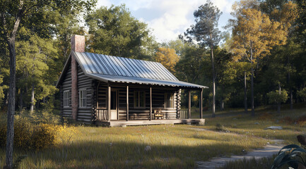 Obraz premium Cozy Single-Story Cabin with a Gambrel Roof in Wooded Solitude