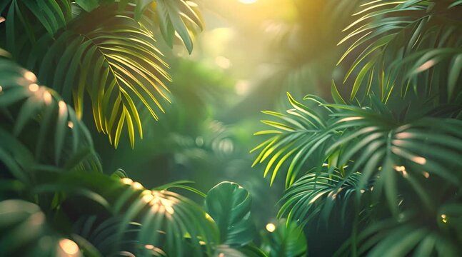 Tropical Palm leaves with sunlight and light wind. Summer exotic trendy bokeh background
