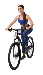 Obraz premium Beautiful young woman riding bicycle on white background