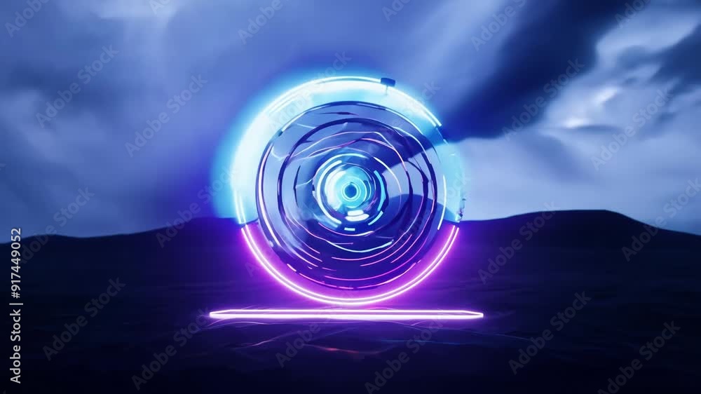 Poster a 3d cycle with a rotating neon ring and an electrifying thunder cloud surrounded by an ethereal sky