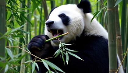 Obraz premium Panda Eating Bamboo in a Lush Forest.